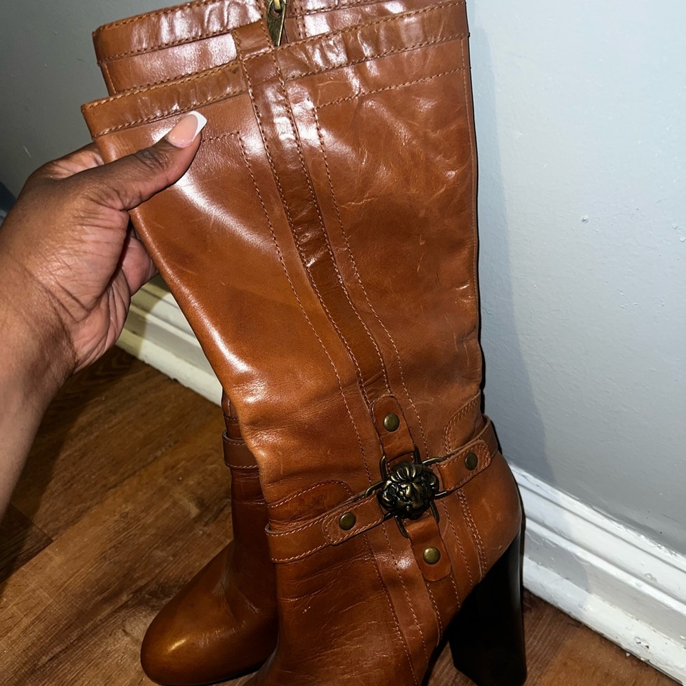Anne Klein Brown Leather Chunky Heel Boots - Picture 3 of 6